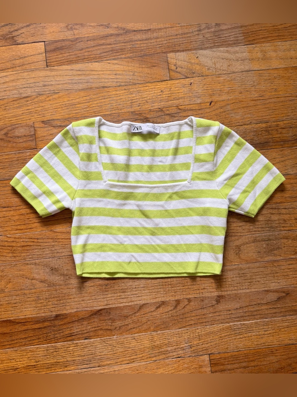 Zara White & Lime Striped Square-Neck Crop Top